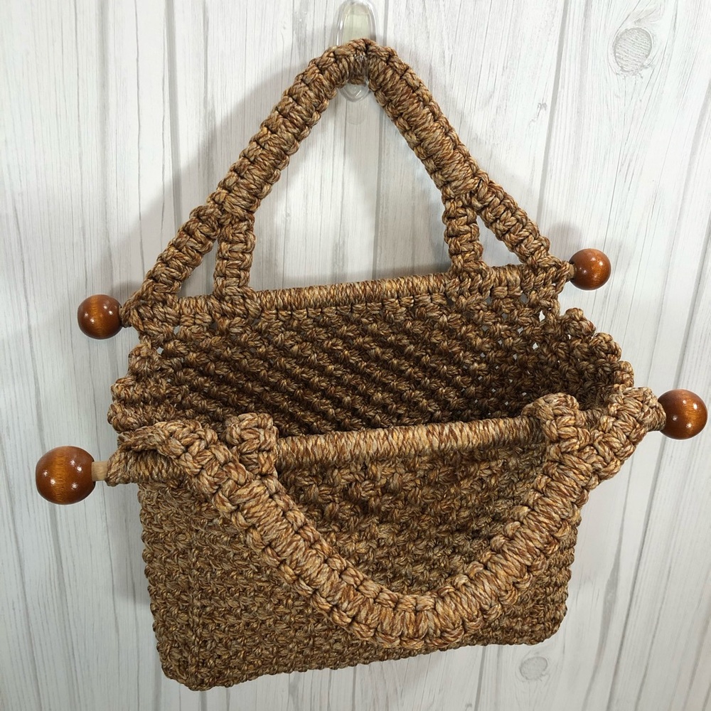 Vintage 70s Brown Macrame Satchel Purse, Tote